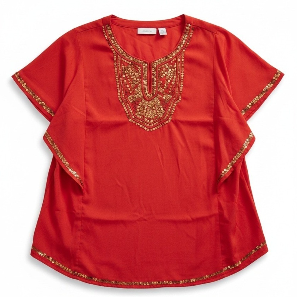 Chico's Red Sequin Embellished Flutter Sleeve Blouse Top, Women's Size 2 Large
